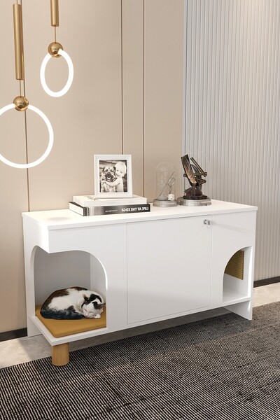 Mercie CHERİE Tırmalama Tahtalı- YATAKLI Ahşap Kedi Tuvaleti -Kapağı Kilitli ...