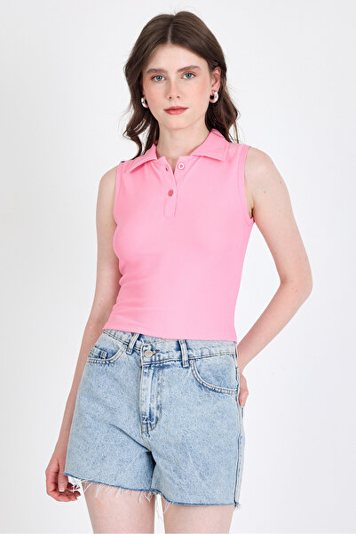 Rays Bluză tricotată cu mâneci zero cu guler polo cu nasturi roz 2219