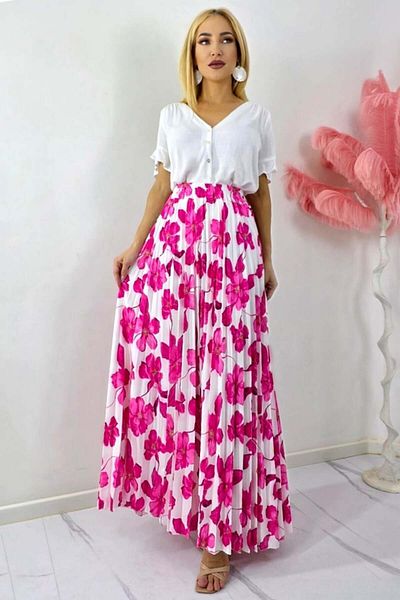 FashionForYou Long summer pleated skirt ALVINA with floral print, Fuchsia, Size S/M
