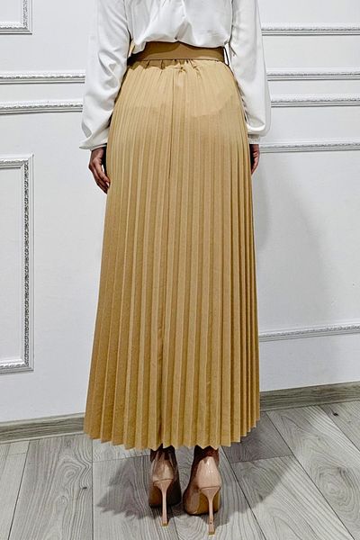 FashionForYou Fustă de zi plisată BELORI și curea decorativă, bej, mărime S/M/L