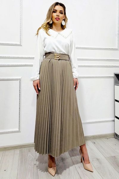 FashionForYou Fustă office plisată BELORI cu curea decorativă, bej închis, mărime S/M/L