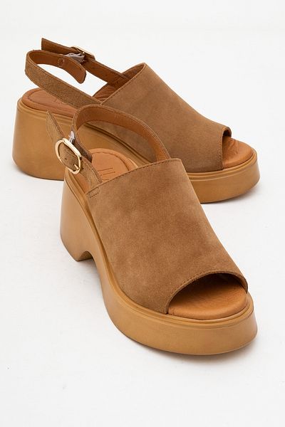 LuviShoes Power Tan Suede Genuine Leather Women's Wedge Heeled Sandals