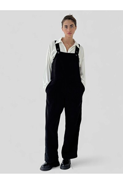 Retrobird Design Corduroy Long Jumpsuit Salopet Women Black