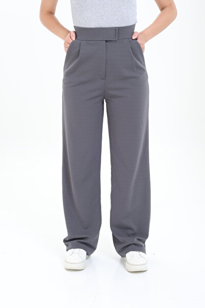 Pientro بنطلون نسائي من Lycra ذو طية صدر وسحاب للإغلاق من Anthracite Palazzo