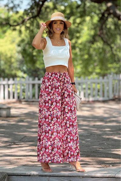 Nevin Kaya Moda Italian Red Cherry Blossom Patterned 100% Cotton Viscose Trousers