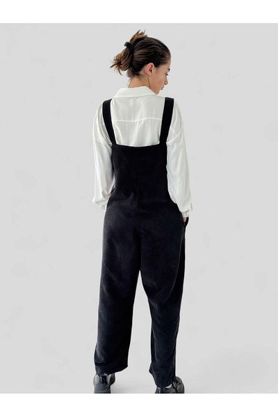 Retrobird Design Corduroy Long Jumpsuit Salopet Women Black