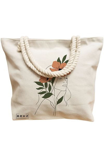 BEKZ Zippered Textile Bag, Tote Bag, Living That Nine Lives Kind Of Tired Pattern 38 X 34.5 Cm, ​​White