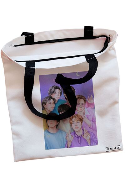 BEKZ Sacosa Textila Cu Fermoar, Geanta Tote, Model Bts Army 4, 38x34.5 Cm, Alba, ®