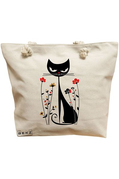 BEKZ Geanta de plaja, model Cat and Flowers 2, 40x51 cm, Crem, BEKZ®
