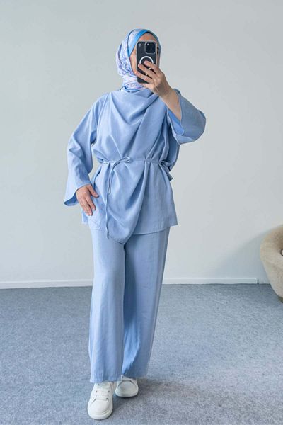 Hatun Atila Casual Self-Wrap Detailed Belted Trousers Double Suit 8027 - Blue