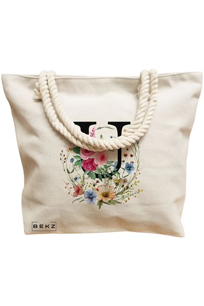 BEKZ Sacosa Textila Cu Fermoar, Geanta Tote, Model Sun Faces 21 38 X 34.5 Cm, Alb, ®