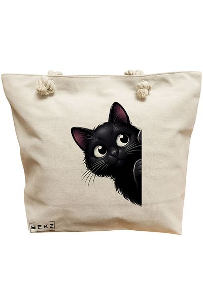 BEKZ Geanta de plaja, model The Curious Cat, 40x51 cm, Crem, BEKZ®
