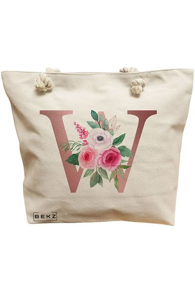 BEKZ Beach Bag, With Letter W Rose Gold and Roses, 40x51 cm, Cream, BEKZ®