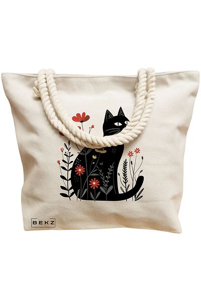 BEKZ Geanta de plaja, model Cat and Flowers 3, 40x51 cm, Crem, BEKZ®
