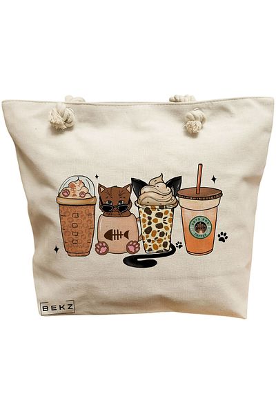 BEKZ Geanta de plaja, model Cats and Coffee 2, 40x51 cm, Crem, BEKZ®