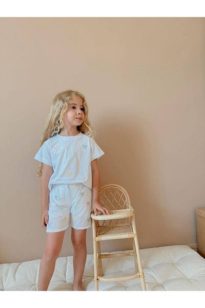cacakids Top Lycra Single Jersey Bottom Linen Fabric Girls Suit with Double Shorts