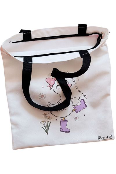 BEKZ Sacosa Textila Cu Fermoar, Geanta Tote, Model Reading Puppy 4 38 X 34.5 Cm, Alb, ®