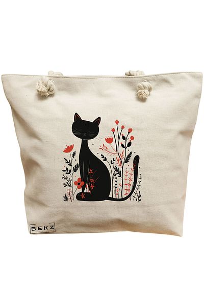 BEKZ Geanta de plaja, model Cat and Flowers 11, 40x51 cm, Crem, BEKZ®