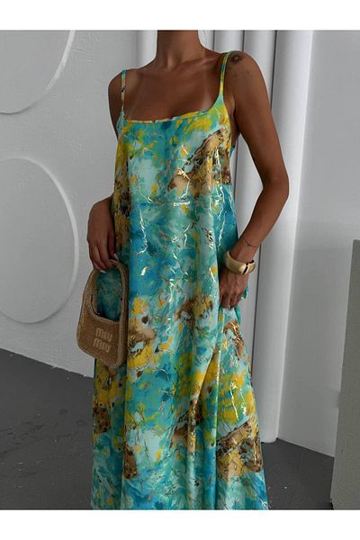 BYKUZEYARAS Summer Leaf Pattern Dress with Adjustable Cord Hanger