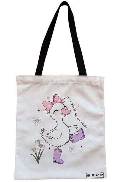 BEKZ Sacosa Textila Cu Fermoar, Geanta Tote, Model Reading Puppy 4 38 X 34.5 Cm, Alb, ®