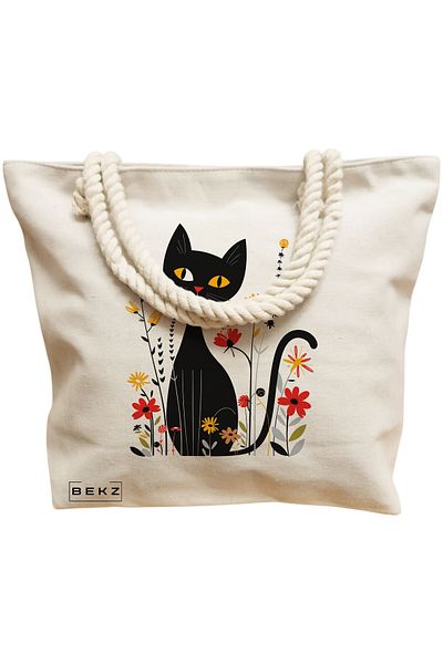 BEKZ Beach bag, Cat and Flowers 4 model, 40x51 cm, Cream, BEKZ®