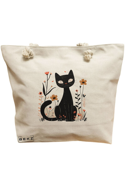 BEKZ Geanta de plaja, model Cat and Flowers 10, 40x51 cm, Crem, BEKZ®