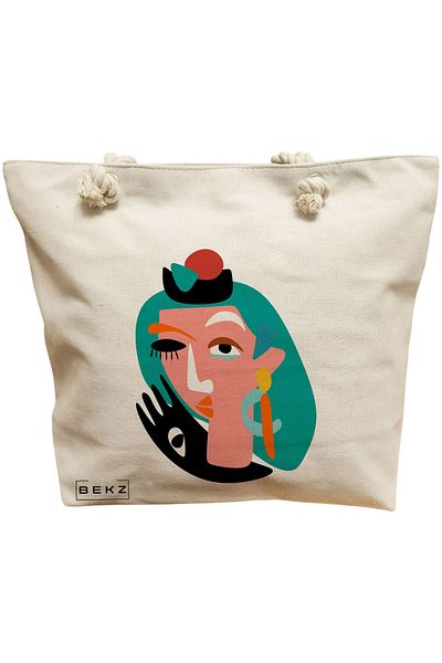 BEKZ Sacosa Textila Cu Fermoar, Geanta Tote, Model The Bookie Girl 27 38 X 34.5 Cm, Alb, ®