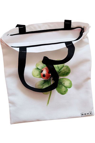 BEKZ Textile Bag With Zipper, Tote Bag, With Letter G And Mandala, 38x34.5 Cm, ​​White, ®