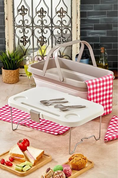 Destpak Folding Picnic Basket - with Table Cover - 2 Forks 2 Spoons - Space Saving Picnic Basket