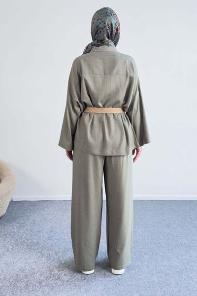 Hatun Atila Double Suit with Buttoned Collar and Belted Trousers 5207 - Khaki