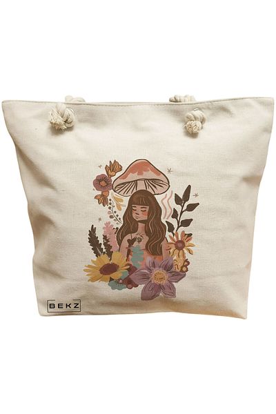 BEKZ Sacosa Textila Cu Fermoar, Geanta Tote, Model Caffeine Cat 38 X 34.5 Cm, Alb, ®