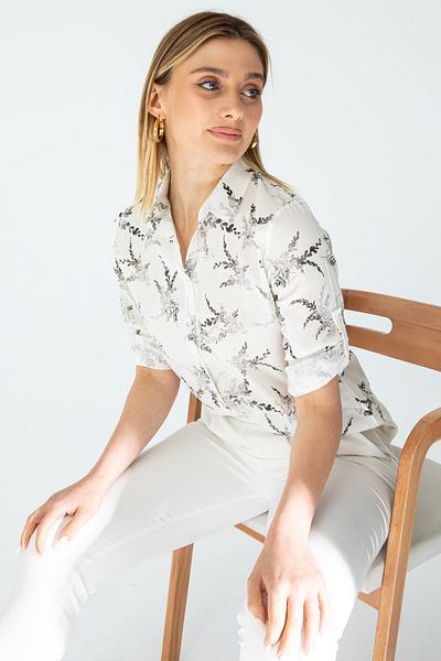 Nuevo Cămașă de in pliată cu mâneci cu model floral alb pentru femei
