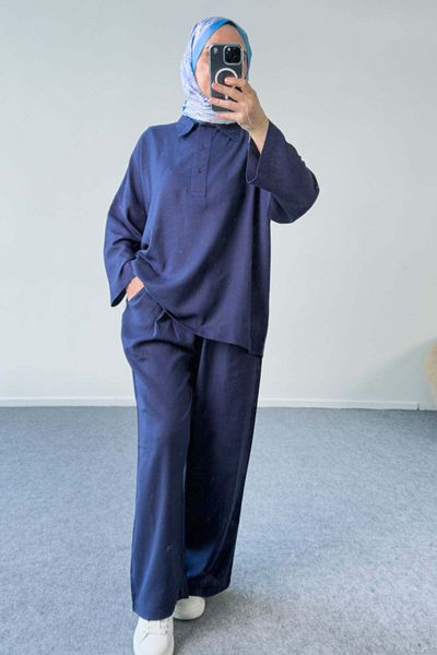 Hatun Atila Double Suit with Buttoned Collar and Belted Trousers 5207 - Navy Blue