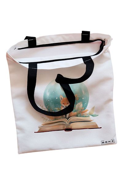 BEKZ Textile Bag With Zipper, Tote Bag, With Letter J And Mandala, 38x34.5 Cm, ​​White, ®