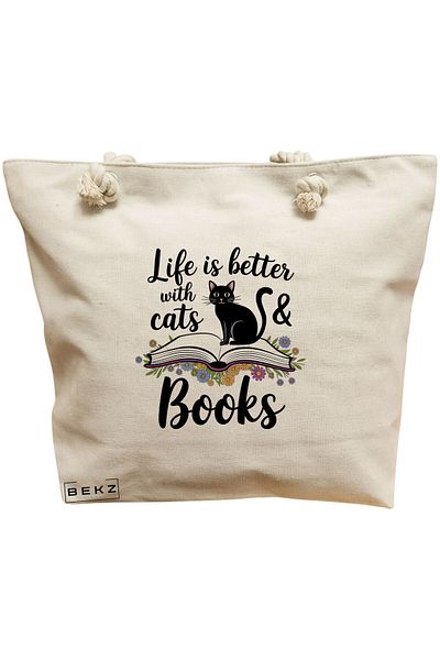 BEKZ Geanta de plaja, model Life is better with Cats and Books, 40x51 cm, Crem, BEKZ®
