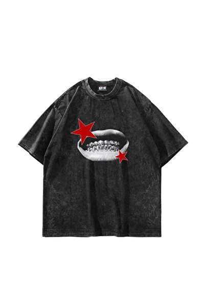 Bak Moda Tricou negru lavabil unisex oversize cu imprimeu Teeth Star
