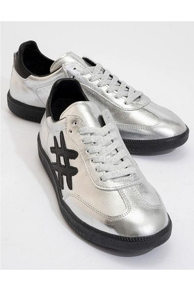 Afilli Women's Silver Black Genuine Leather Thin Flat Sole Daily Casual Sneaker Walking Sports Shoes
