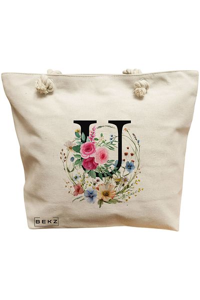 BEKZ Sacosa Textila Cu Fermoar, Geanta Tote, Model Sun Faces 21 38 X 34.5 Cm, Alb, ®