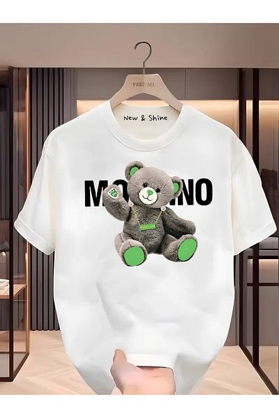 New Shine Gray Teddy Bear Printed Oversize T-Shirt