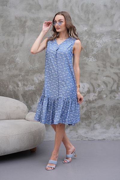 MODAMOR Blue V-Neck Button Floral Print Summer Dress