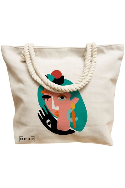 BEKZ Sacosa Textila Cu Fermoar, Geanta Tote, Model The Bookie Girl 27 38 X 34.5 Cm, Alb, ®