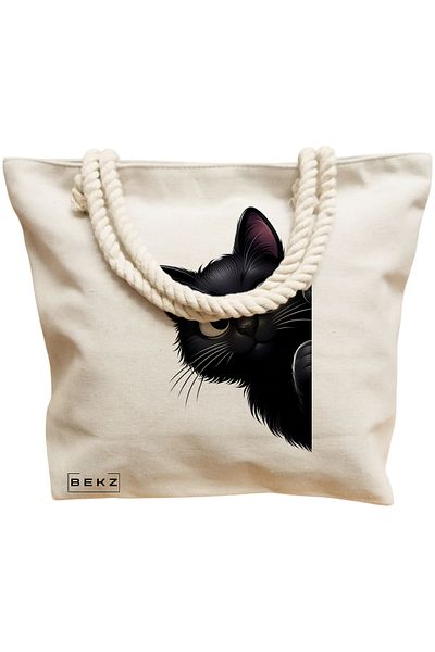 BEKZ Geanta de plaja, model The Curious Cat, 40x51 cm, Crem, BEKZ®