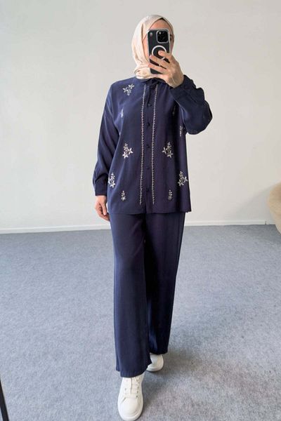 Hatun Atila Embroidered Shirt and Wide Leg Pants Suit 8839 - Navy Blue