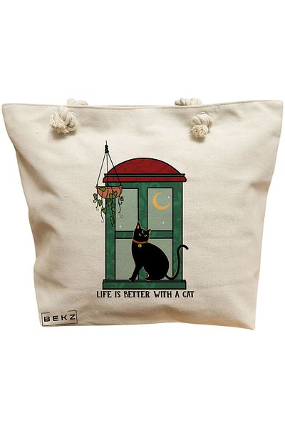 BEKZ Beach bag, Life is Better With a Cat pattern, 40x51 cm, Cream, BEKZ®