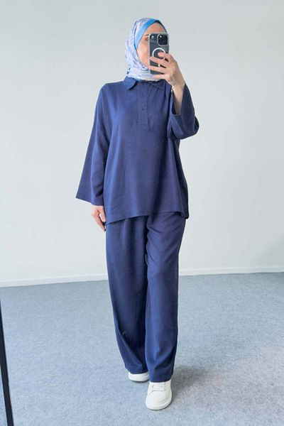 Hatun Atila Double Suit with Buttoned Collar and Belted Trousers 5207 - Navy Blue