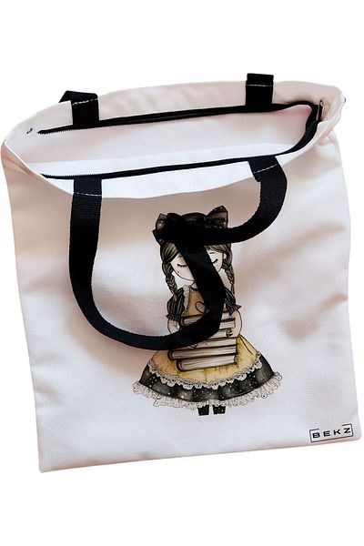 BEKZ Sacosa Textila Cu Fermoar, Geanta Tote, Model Floral Bike, 38x34.5 Cm, Alba, ®