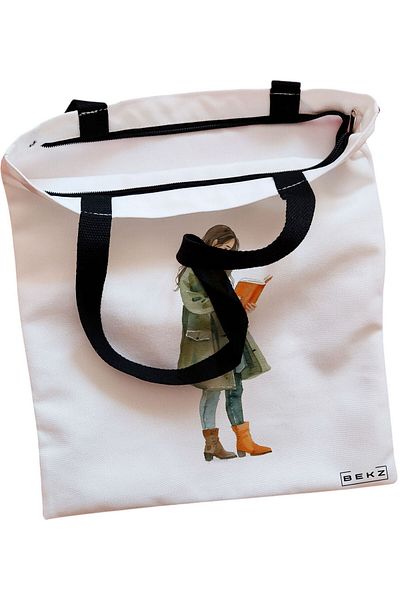 BEKZ Textile Bag With Zipper, Tote Bag, Shopping Is Always A Good Idea Model, 38x34.5 Cm, ​​White,
