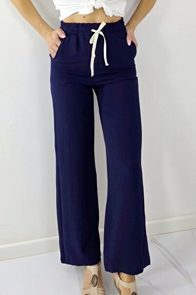 FashionForYou Women's long pants, MERON, with cotton and elastic band, Navy blue, -