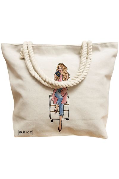 BEKZ Sacosa Textila Cu Fermoar, Geanta Tote, Model Urban Oasis 38 X 34.5 Cm, Alb, ®