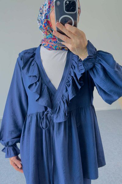 Hatun Atila Ruffle Neck Tie-Up Tunic and Wide Leg Pants Set 8845 - Navy
